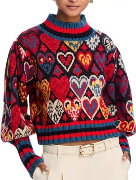 FARM Rio Sweaters - Farm Rio Heart Ikat Red Multi Color Knit Sweater Size M